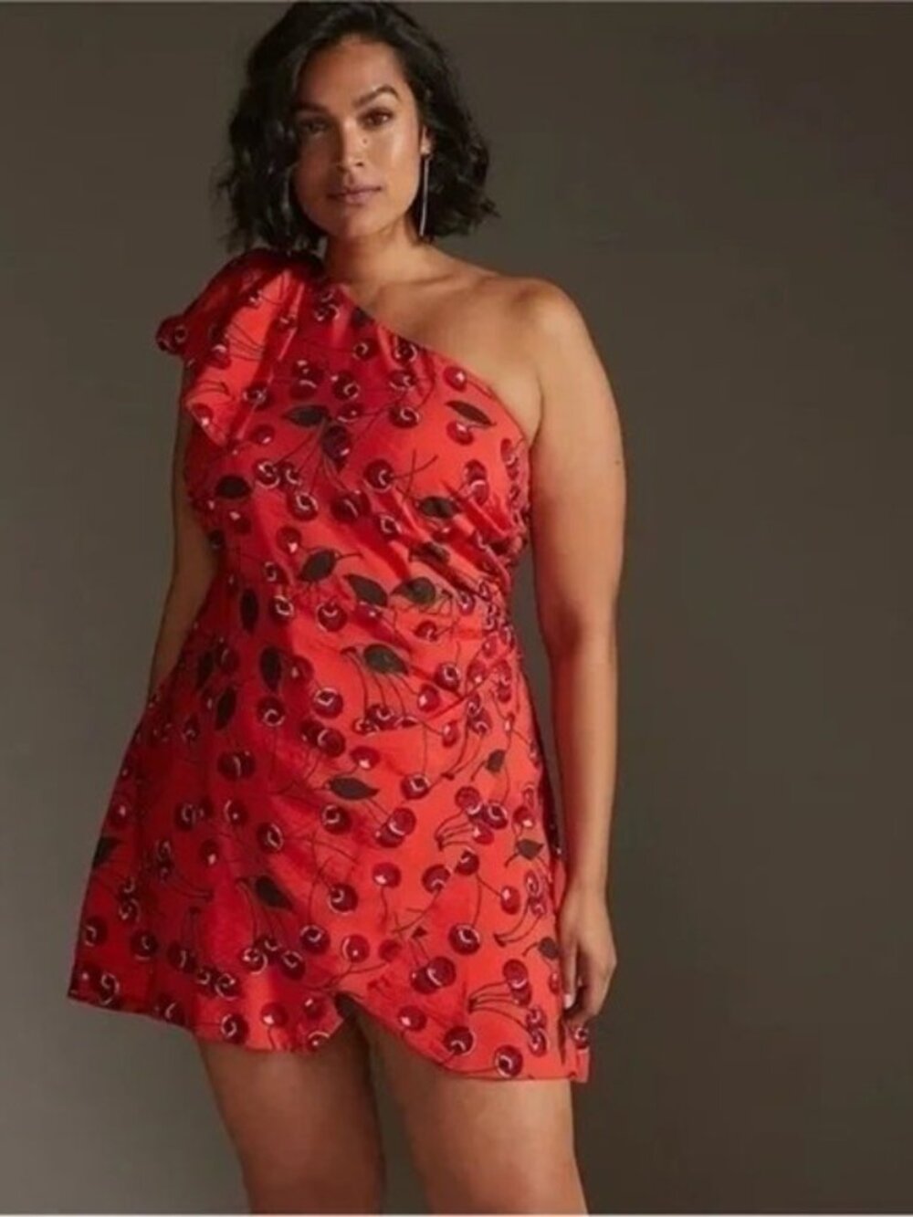 Maeve Red Cherry-Print One-Shoulder Mini Dress - Picture 2 of 14